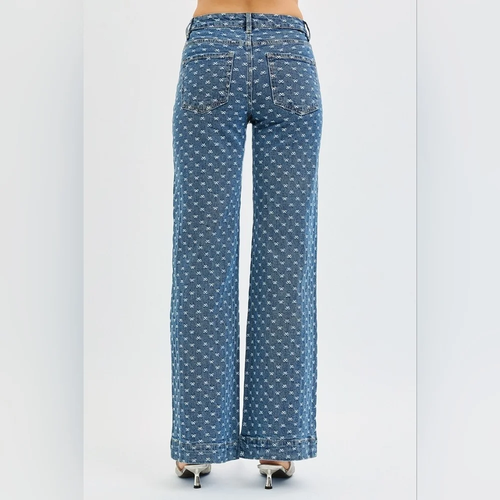 Risen High Rise Dark Wash Classic Wide Leg Jeans Bow Embroidered Various NEW - Picture 12 of 15